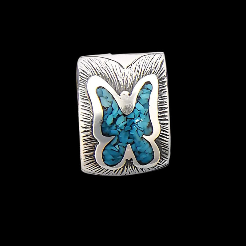 Vintage Southwestern Sterling Silver Ear Cuffs – Turquoise Inlaid Lightning Bolt & Butterfly Design