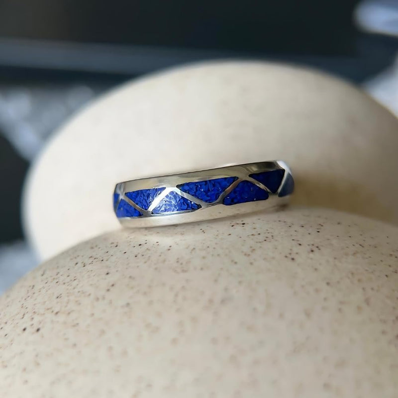 Size 10-925 Sterling Silver and Lapis Lazuli Band, Segmented Triangle Design, Handmade Geometric Jewelry, Statement Navajo Gemstone Flat Band