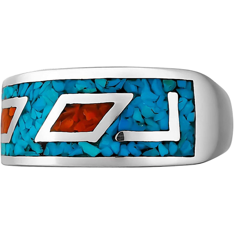 Size 6.5-925 Sterling Silver Large Geometric Turquoise & Red Coral Ring, Native Tribal Inspired Design, Handmade Gemstone Band, Handcrafted Birthstone Jewelry