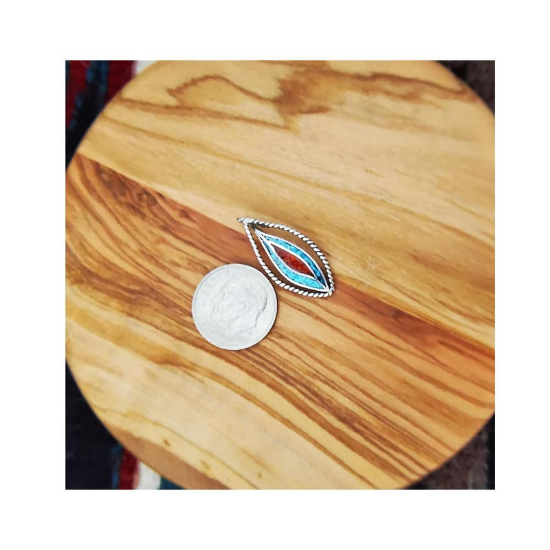 Vintage Silver Cat Eye Pendant with Turquoise and Coral Inlay - Circa Mid-80s