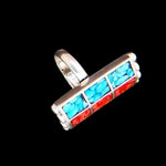 Size 7.5-925 Sterling Silver Turquoise Resin Rectangle Ring, Engraved Fan Design, Handmade Gemstone Jewelry, Statement Birthstone Band