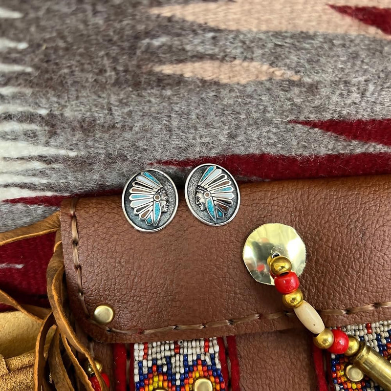 Sterling Silver Native Chief Headdress Stud Earrings