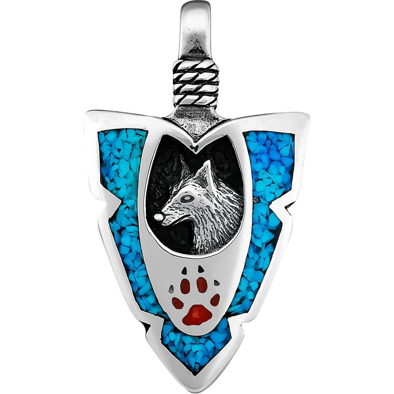 925 Sterling Silver Medium Turquoise and Red Coral Arrowhead Pendant, Detailed Wolf Pendant with Paw & Claws, Southwestern Wolf Necklace