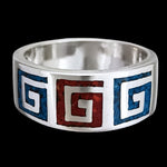 Size 8-925 Sterling Silver Swirling Tribal Band, Turquoise & Coral, Handmade Gemstone Jewelry