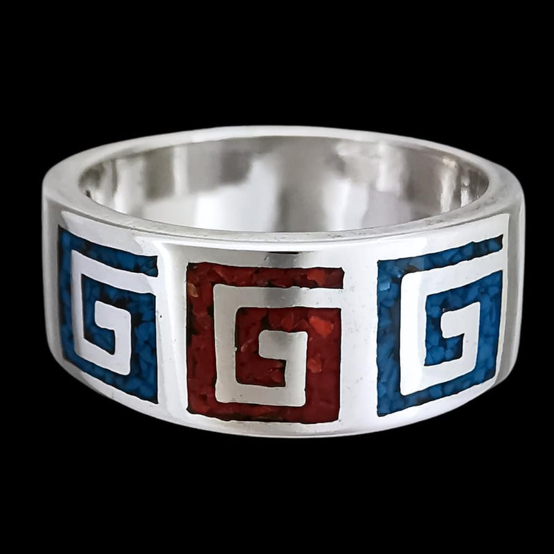 Size 8-925 Sterling Silver Swirling Tribal Band, Turquoise & Coral, Handmade Gemstone Jewelry