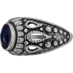 Size 7.5 925 Sterling Silver Diamond Cut Oval Blue Topaz Cabochon Ring, Abstract Beaded Teardrop Design, Solitaire Gemstone Band, Handmade Jewelry (7.5)