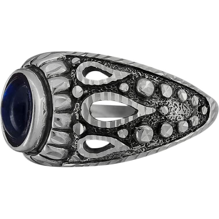 Size 7.5 925 Sterling Silver Diamond Cut Oval Blue Topaz Cabochon Ring, Abstract Beaded Teardrop Design, Solitaire Gemstone Band, Handmade Jewelry (7.5)