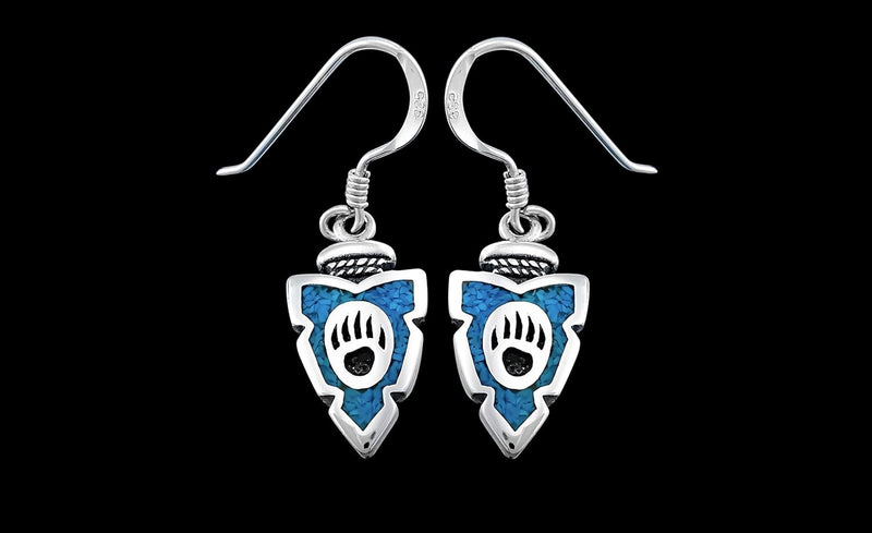 Sterling Silver and Turquoise Bear Paw Arrowhead Dangle Earrings