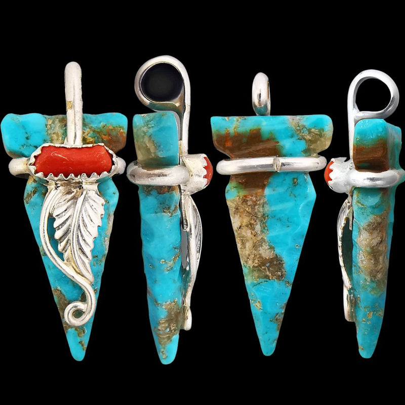 Native American Pendant, Hand Carved Turquoise Arrowhead, 925 Silver