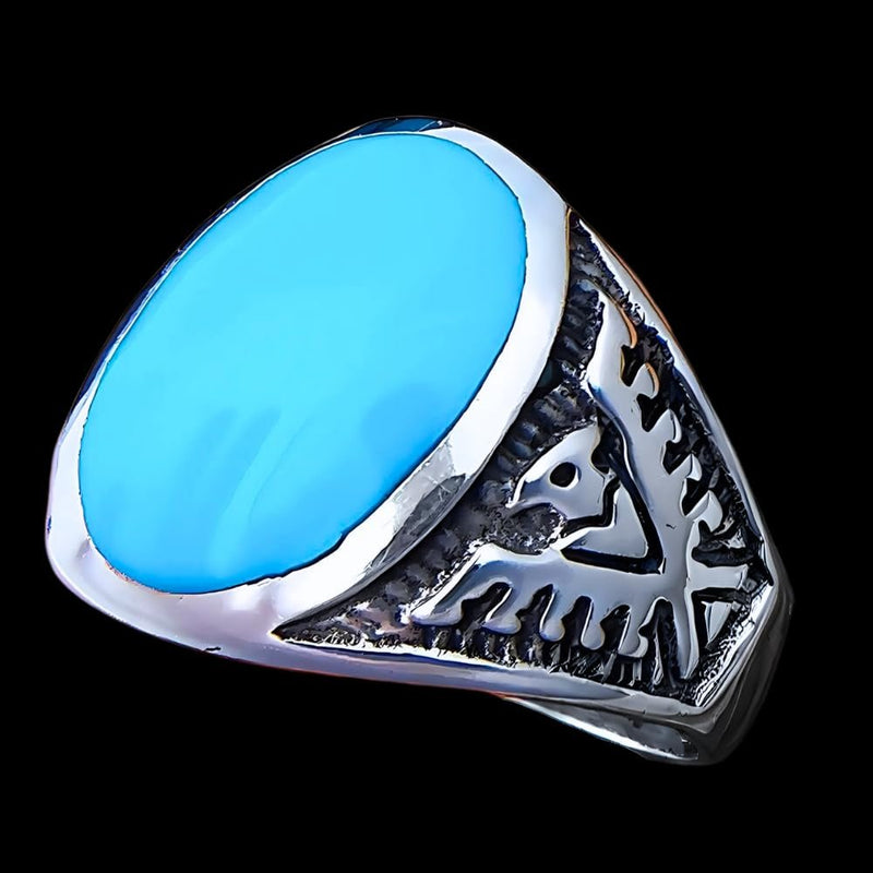 Size 12-925 Sterling Silver Oval Sleeping Beauty Turquoise Cabochon Ring, Southwestern Thunderbird Design, Statement Gemstone Band, Handmade Avian Birthstone Jewelry