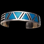 Sterling Silver Cuff Bracelet with Navajo Tribal design inlaid with Sleeping Beauty Turquoise