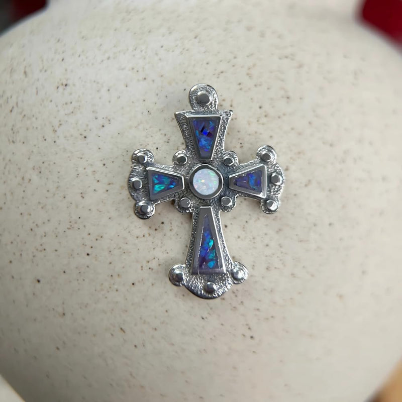 Sterling Silver Cross Pendant with Purple and White Opal Inlay