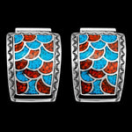 Sterling SIlver Turquoise and Coral Scalloped Mosaic Watch Tips