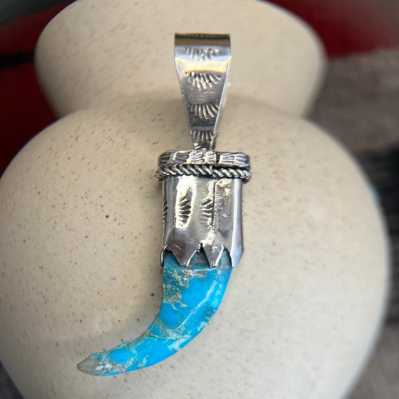 Sterling Silver & Blue Turquoise Carved Claw Pendant – Navajo Handmade