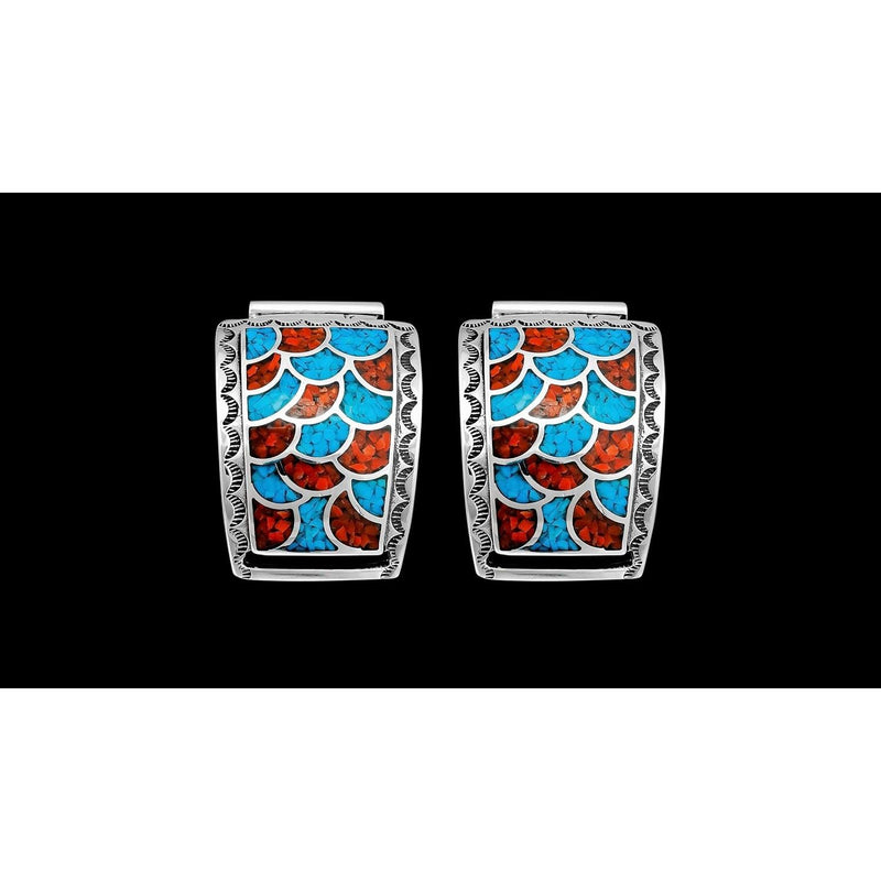 Sterling SIlver Turquoise and Coral Scalloped Mosaic Watch Tips
