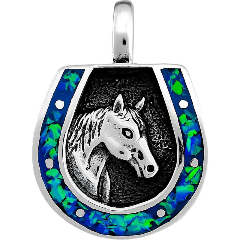 925 Sterling Silver Blue Opal Lucky Horseshoe Pendant