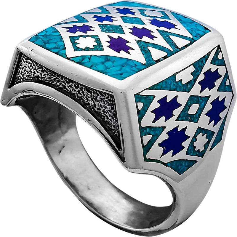 Woven Tribal Design Turquoise and Lapis Lazuli ring