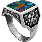 Size 12.5 - Square Faced Mixed Stones Inlaid Ring, Mountain Scene