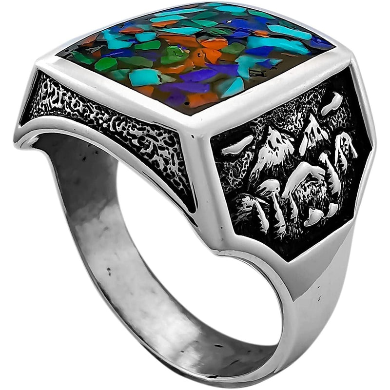 Size 12.5 - Square Faced Mixed Stones Inlaid Ring, Mountain Scene