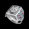 Wolf Ring with Turquoise and Red Coral Inlay • Posing Wolf Design • 925 Sterling Silver • Navajo