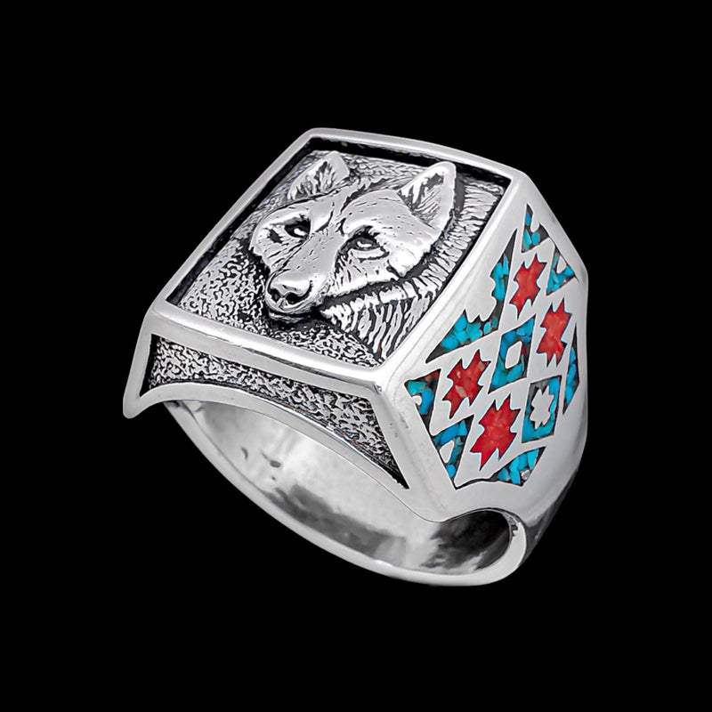 Wolf Ring with Turquoise and Red Coral Inlay • Posing Wolf Design • 925 Sterling Silver • Navajo