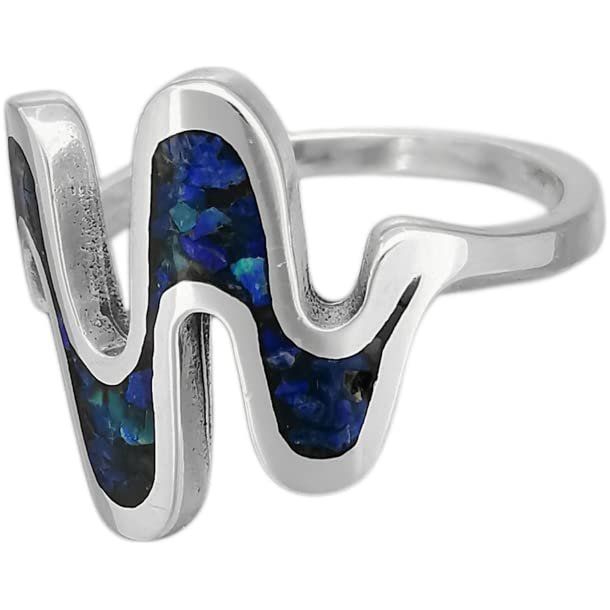 Size 5-925 Sterling Silver Azurite Chip Wave Ring, Groovy Sound Wave Design, Handmade Gemstone Jewelry, Statement Birthstone Band