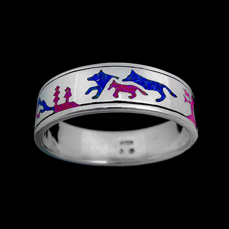 Wolf Ring • Navajo Handmade • 925 Sterling Silver • Lapis Lazuli and Sugilite