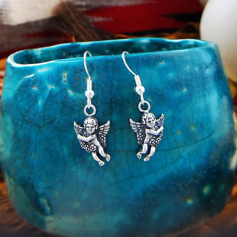 Sterling Silver Cupid/Angel Holding Flowers Dangle Earrings
