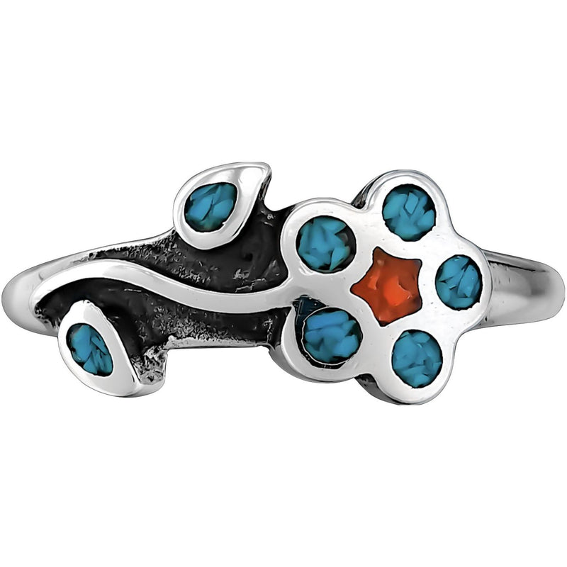 Size 7 - 925 Sterling Silver Turquoise and Coral Flower Ring