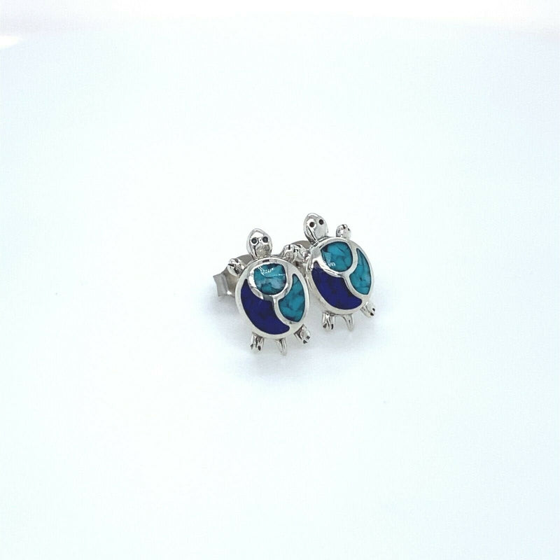 925 Sterling Turtle stud earrings with inlaid with lapis lazuli and turquoise