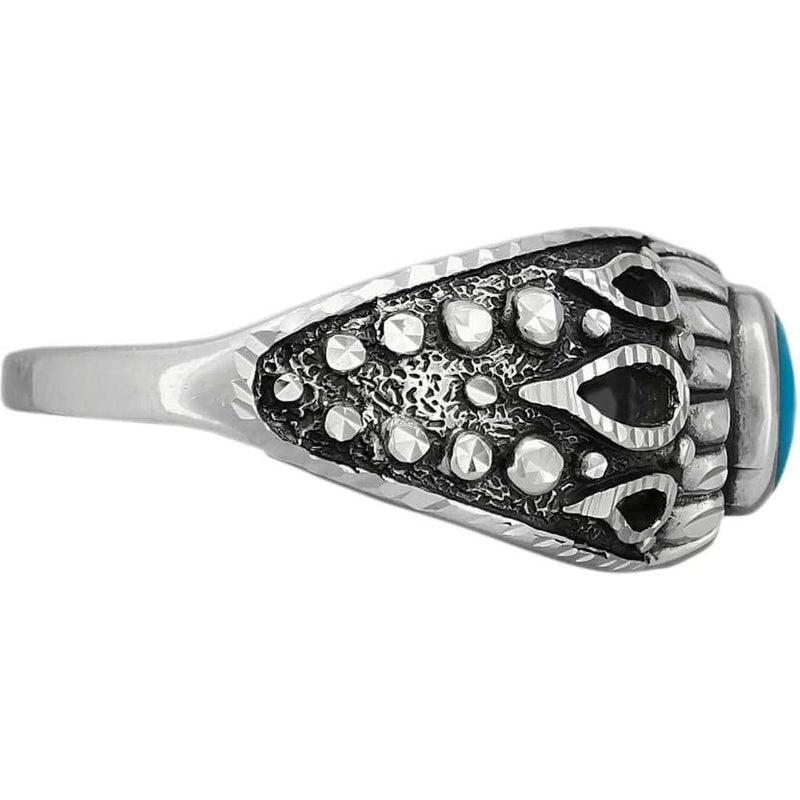 925 Sterling Silver Diamond Cut Oval Turquoise Cabochon Ring, Abstract Beaded Teardrop Design, Solitaire Gemstone Band, Handmade Jewelry (7.5)
