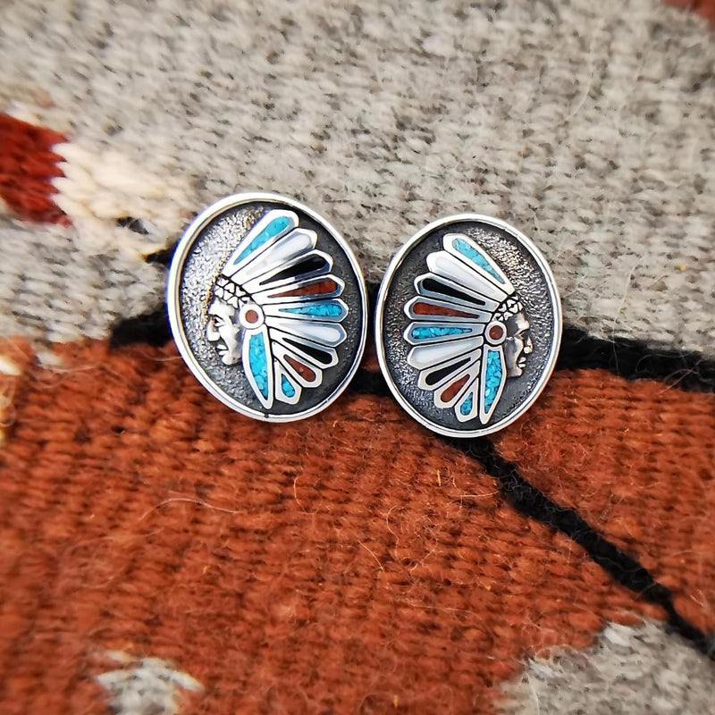 Sterling Silver Native Chief Headdress Stud Earrings