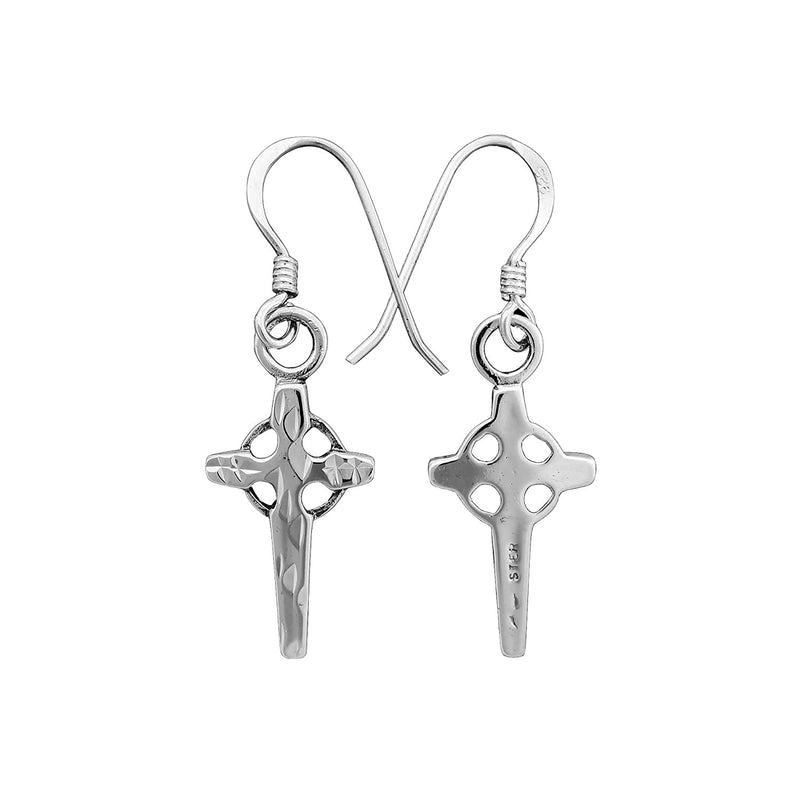 925 Sterling Silver Diamond Cut Cross Dangle Earrings, Overlapped Halo Design, Handmade Drop Earrings, Detailed Handcrafted Jewelry