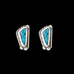 Sterling Silver Turquoise Inlay Stud Earrings – Triangle Design with Twisted Rope and Silver Pearl Border