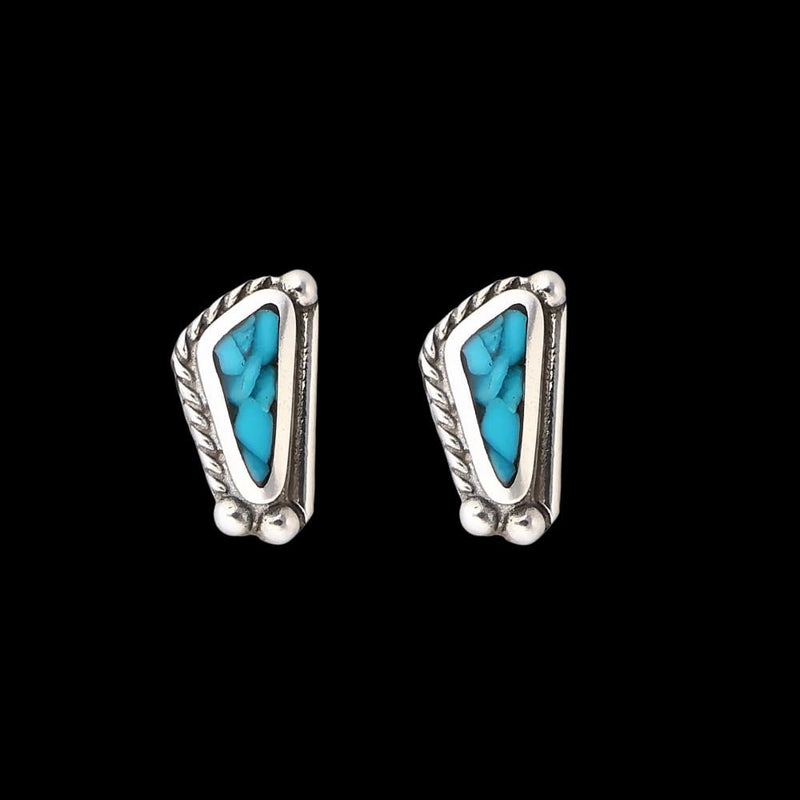 Sterling Silver Turquoise Inlay Stud Earrings – Triangle Design with Twisted Rope and Silver Pearl Border