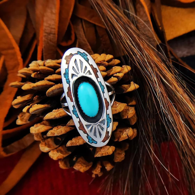 Size 7.5 Turquoise and Coral Southwestern Vintage Sterling Silver Ring