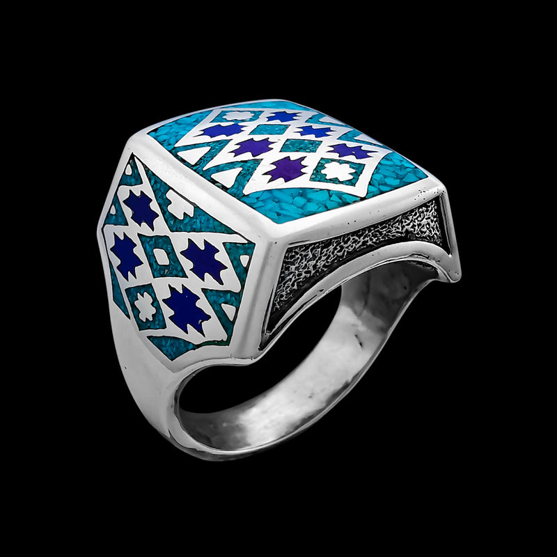 Woven Tribal Design Turquoise and Lapis Lazuli ring