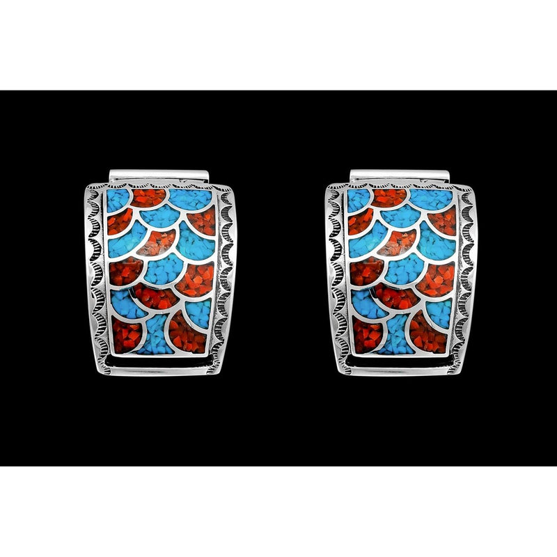 Sterling SIlver Turquoise and Coral Scalloped Mosaic Watch Tips