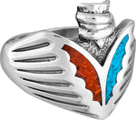 Size 11-925 Sterling Silver Turquoise & Red Coral Arrowhead Ring, Wrapped Bail Design, Handmade Gemstone Avian Band, Handcrafted Birthstone Bird Jewelry