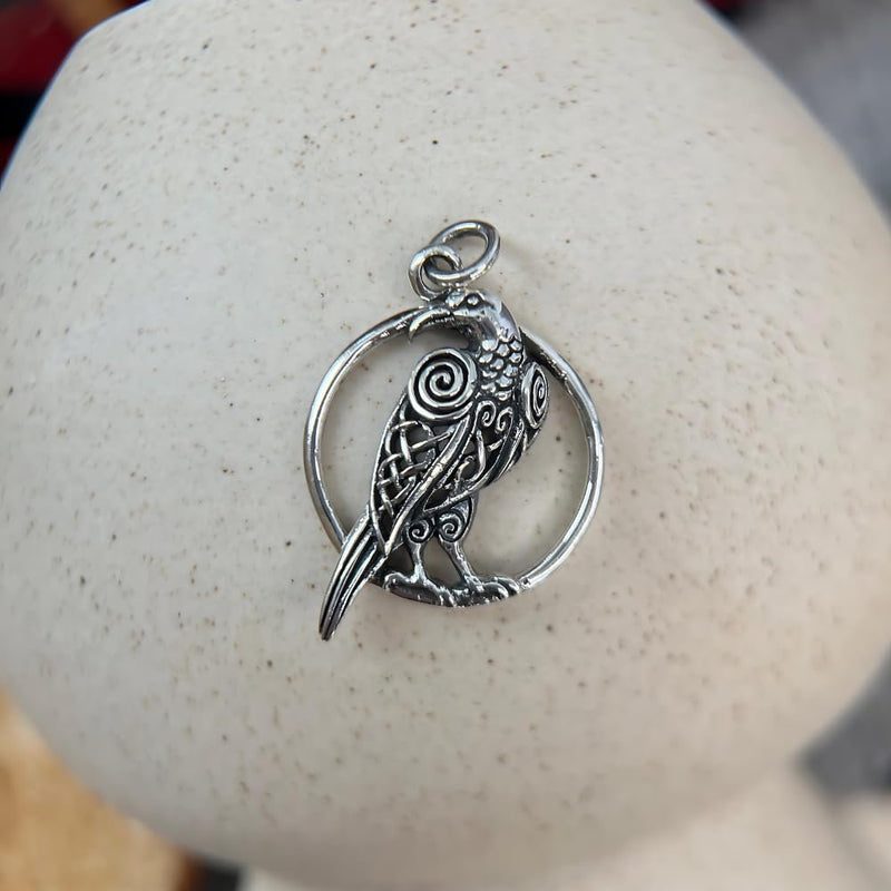 Sterling Silver Raven and Moon Pendant – Mystical Wiccan Charm