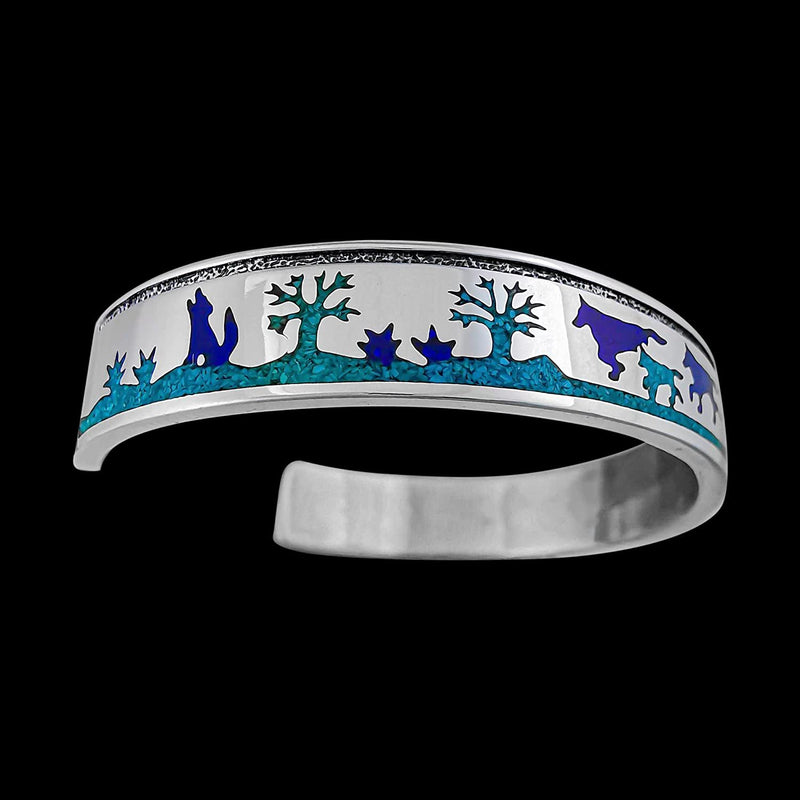 Navajo Sterling Silver Wolf Bracelet with Turquoise and Lapis Lazuli - Handmade Nature Inspired Jewelry, Size 6.5, Southwest Style Statement Piece