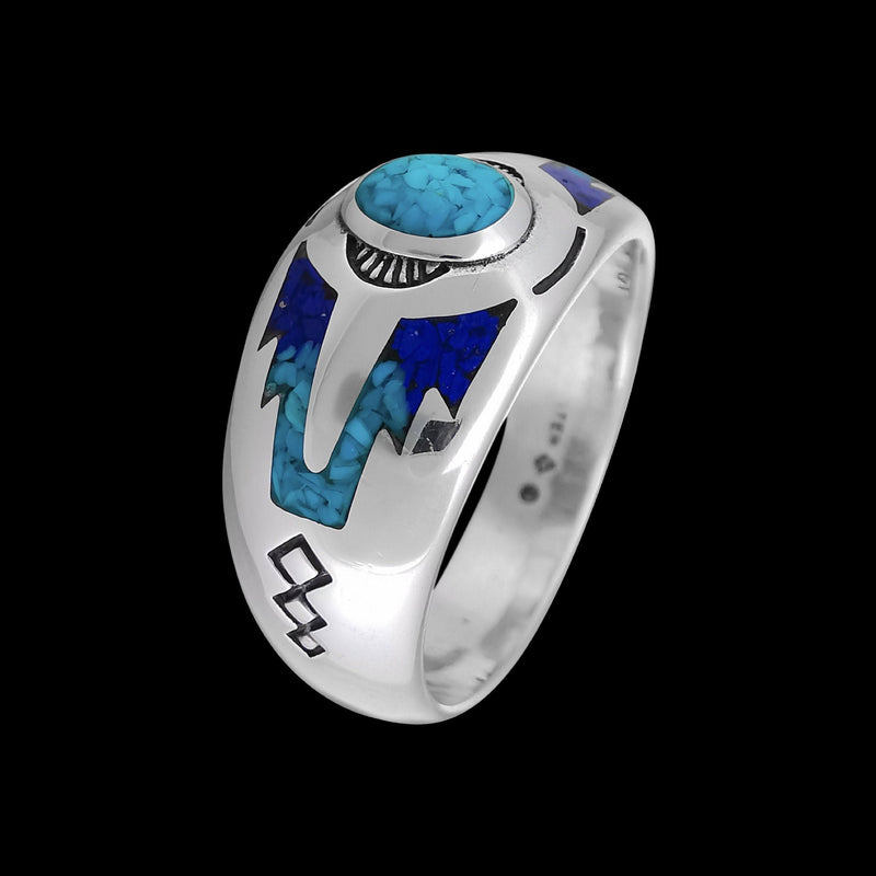 Southwest Ring • Native American Boho Style • Turquoise and Lapis Lazuli • 925 Sterling Silver