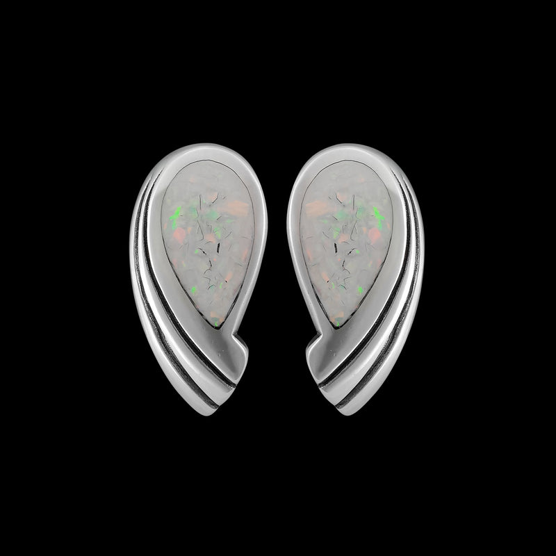 925 Sterling Silver Stud Earrings • Teardrop Shape • White Opal Gems
