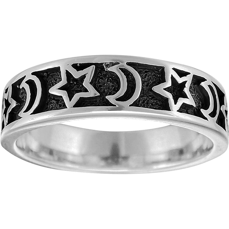 Size 9-925 Sterling Silver Moon & Stars Band, Night Sky Design, Handmade Jewelry, Crescent Moon