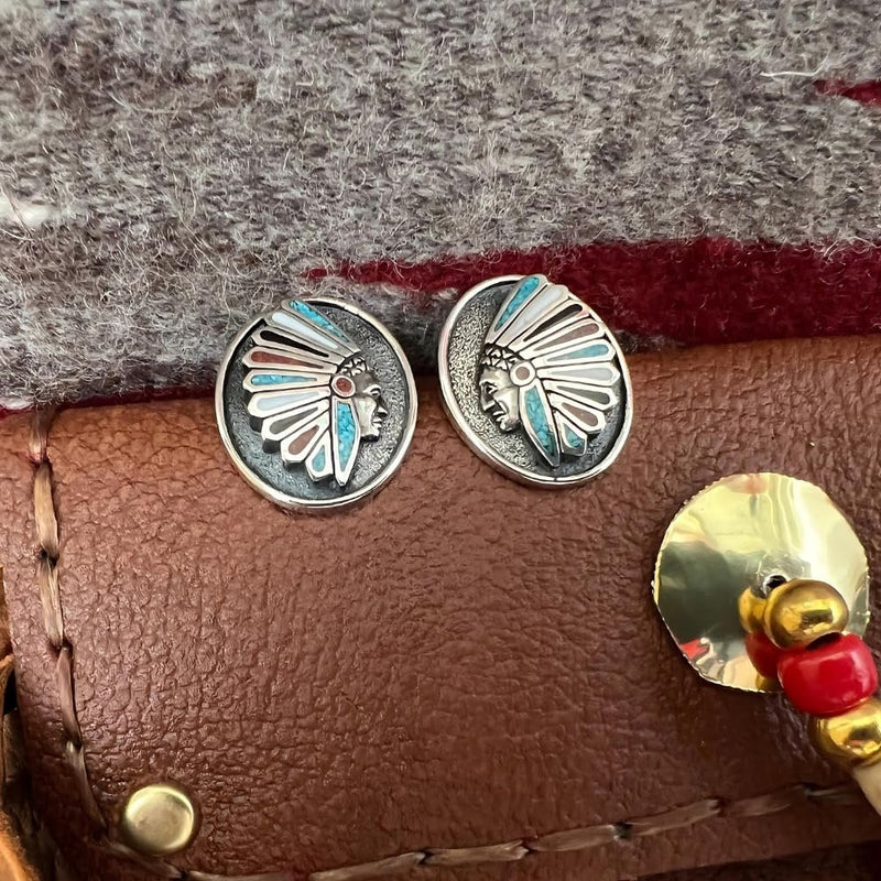 Sterling Silver Native Chief Headdress Stud Earrings