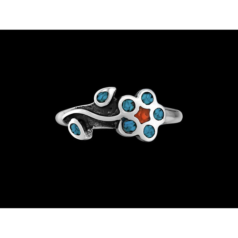 Size 7 - 925 Sterling Silver Turquoise and Coral Flower Ring