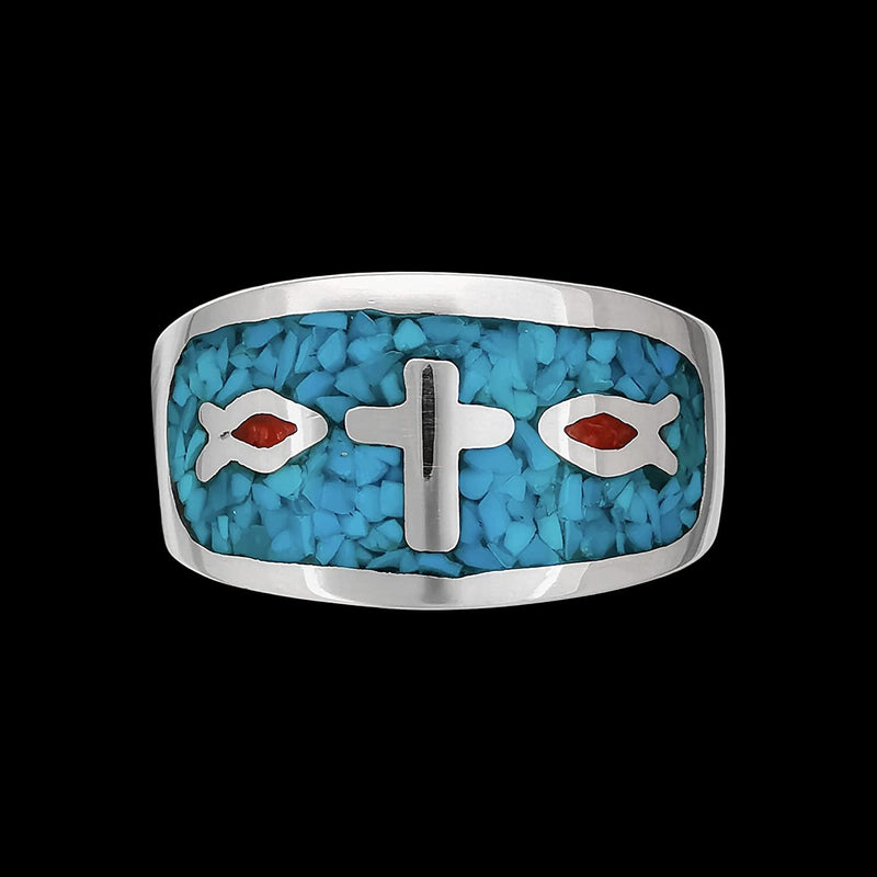 925 Sterling Silver Turquoise and Red Coral Ichthys Ring, Cross & Christian Fish Design, Handmade Native American Gemstone Jewelry, Statement Birthstone Band (10)