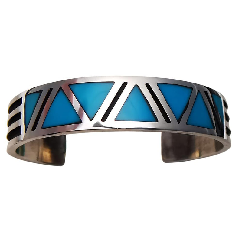 Sterling Silver Cuff Bracelet with Navajo Tribal design inlaid with Sleeping Beauty Turquoise