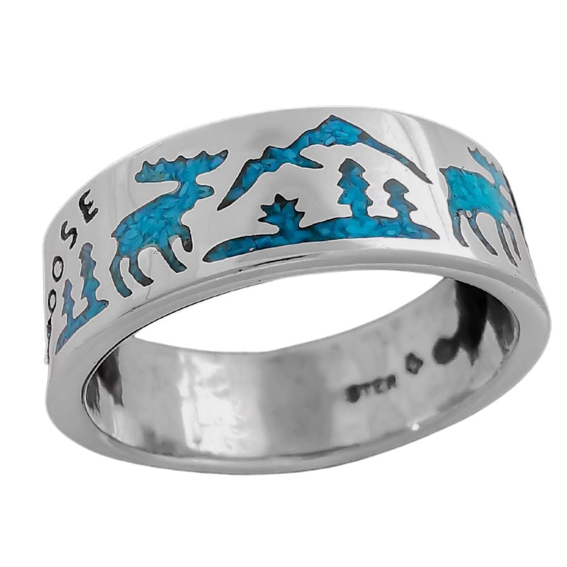 Size 6-925 Sterling Silver Moose Crossing Ring, Turquoise, Detailed Moose Track Design, Handmade Nature Band, Handcrafted Animal Jewelry