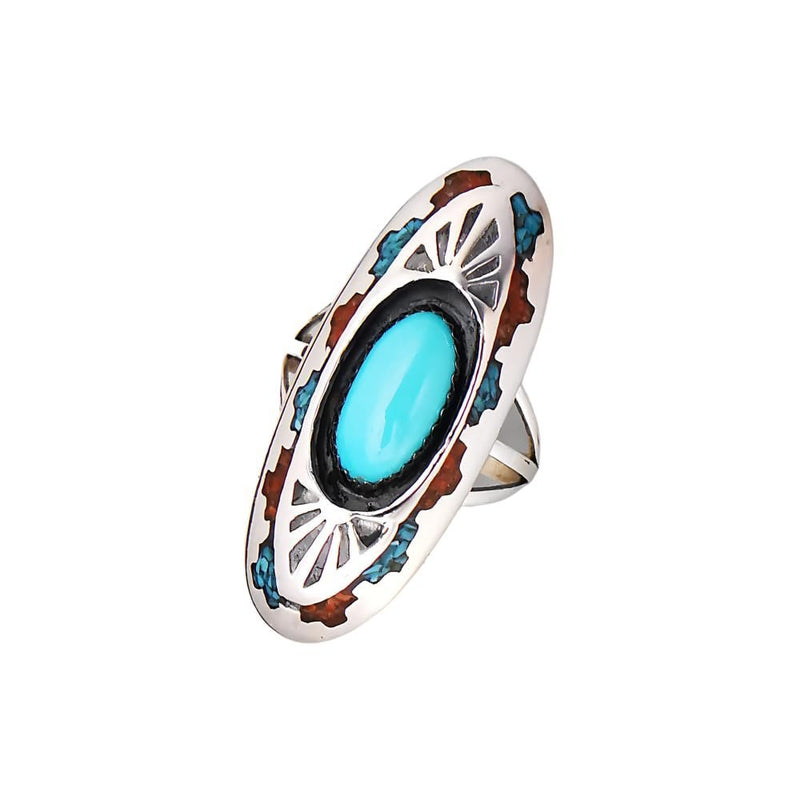 Size 7.5 Turquoise and Coral Southwestern Vintage Sterling Silver Ring